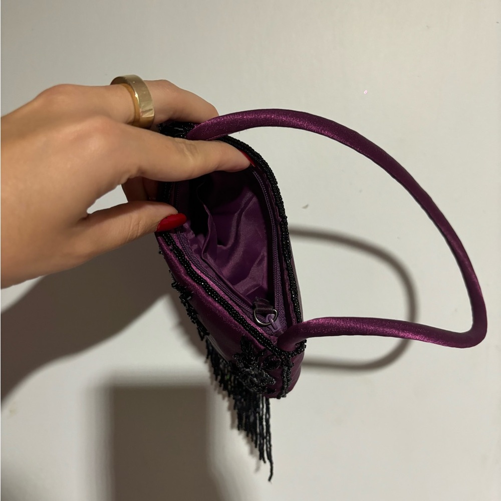 ✨ VINTAGE RARE 50s SMALL BEADED SATIN MINI PURSE PLUM DANGLY BEADED FRINGE ✨ - Picture 8 of 12
